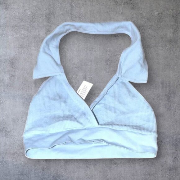 NWT Anwnd Collared Crop Top Baby Blue V-Neck - Picture 1 of 3